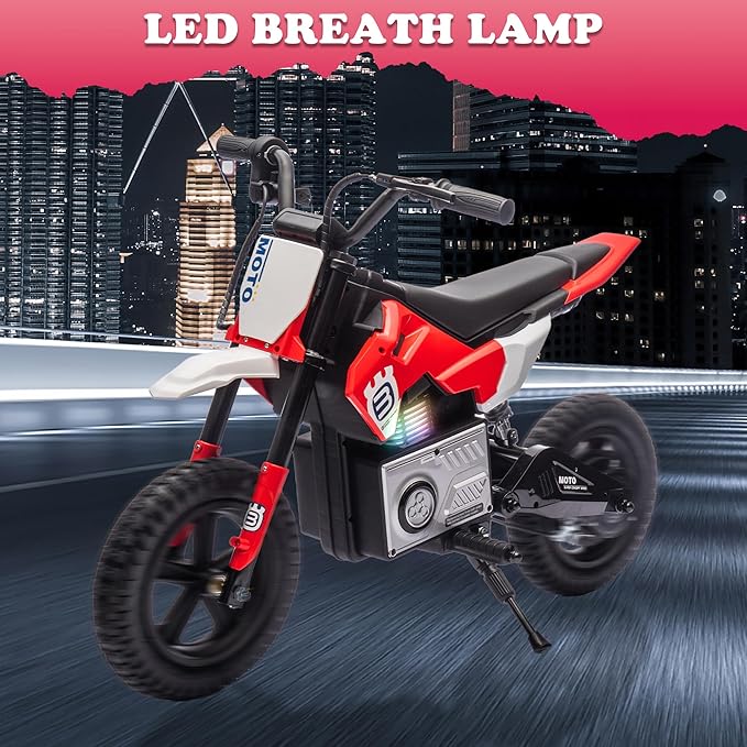 Electric Motorcycle for Kids Ages 5-10, 24V 200W Higher Speed Electric Dirt Bike, Kids Ride On Motorcycle with Rear Wheel Shock Absorber, LED Breath Light, Bluetooth, Music, Horn, Red