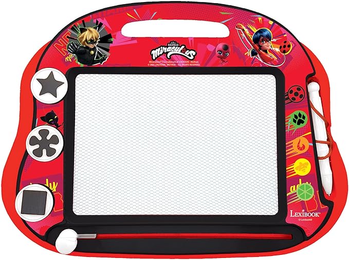 LEXiBOOK, Miraculous Ladybug Cat Noir, Multicolor Magic Magnetic Drawing Board, Artistic Creative Toy for Girls and Boys, Stylus Pen and Stamps, Red/Black, CRMI550