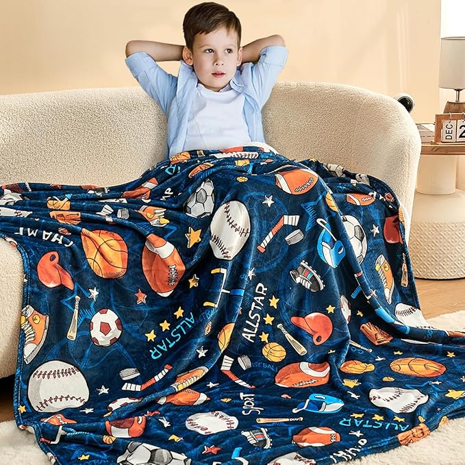 Wajade Sports Blanket for Boys,Soft Fleece 3D Soccer Basketball Baseball Football Kids Blanket for Couch Sofa Bedroom, Fuzzy Ball Throws for Kids Boys Teens,60"x80"