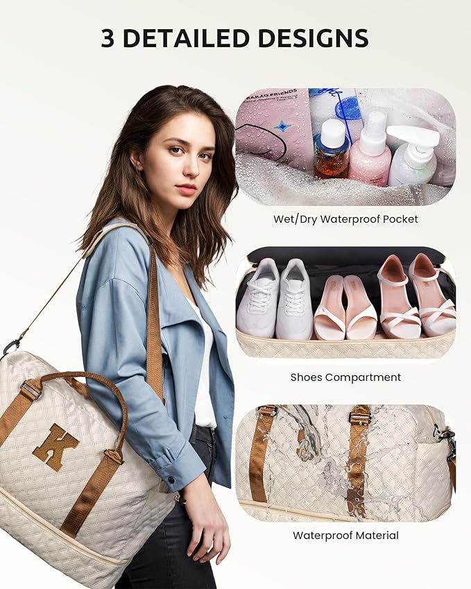 Birthday Gifts for Women-Initial Duffle Bag with Shoe Compartment, Personalized Weekender Bag, Monogram Overnight Bag, Letter Travel Bag with Makeup Bag，Preppy Gifts for Girl (Letter V)