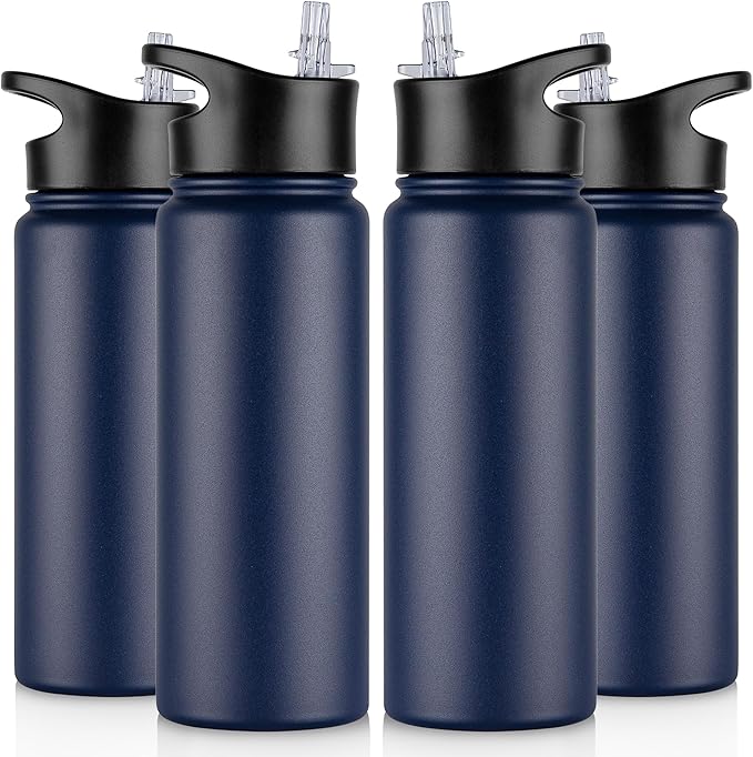24 oz Insulated Water Bottle Bulk 4 Pack, Stainless Steel Sports Water Bottles with Straw Lid & Wide Mouth Lids, Double Walled Vacuum, Leak Proof, Navy Blue
