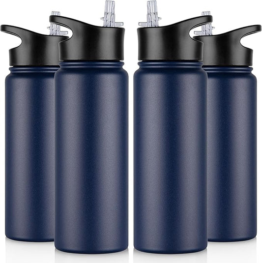 24 oz Insulated Water Bottle Bulk 4 Pack, Stainless Steel Sports Water Bottles with Straw Lid & Wide Mouth Lids, Double Walled Vacuum, Leak Proof, Navy Blue