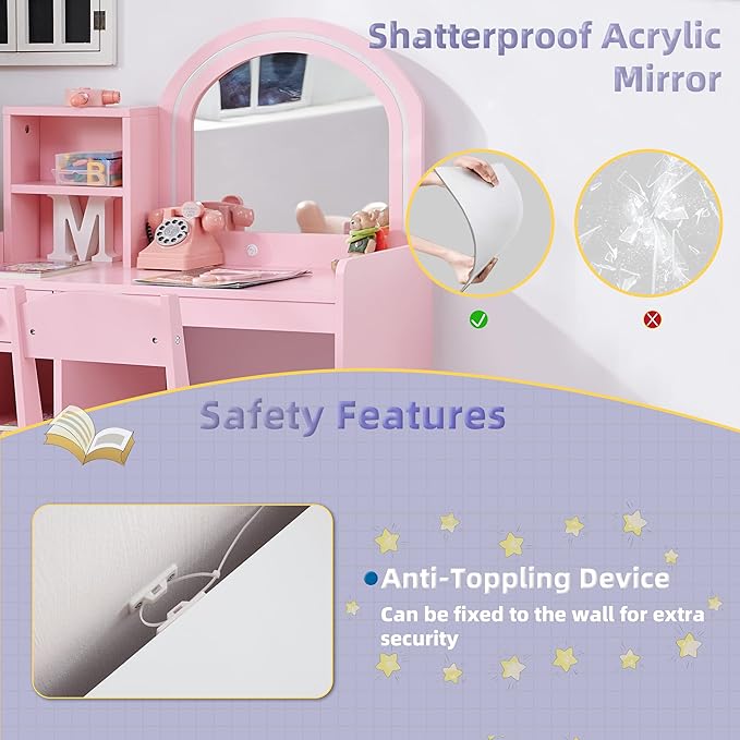 Kids Princess Vanity Set with Drawer, Storage Shelves & Lighted Mirror, 2 in 1 Toddler Makeup Vanity with Stool for Little Girls (Pink)