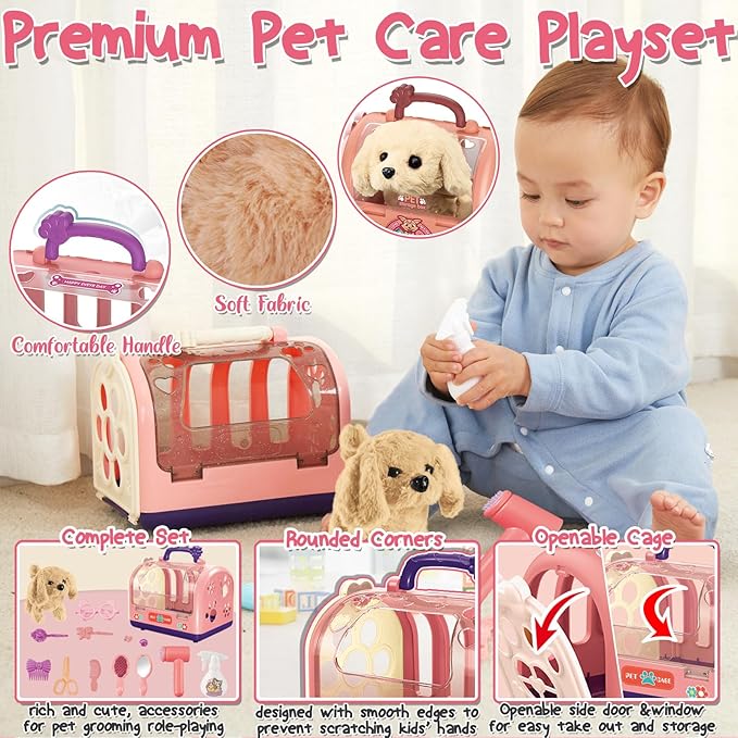 TEUVO 14Pcs Dog Toys for Girls Kids 3 4 5 6 8 Year Old, Walking Barking Electronic Interactive Stuffed Dog Plush & Carrier Accessories Pet Care Playset Grooming Toy Pretend Play Gifts for Little Girls