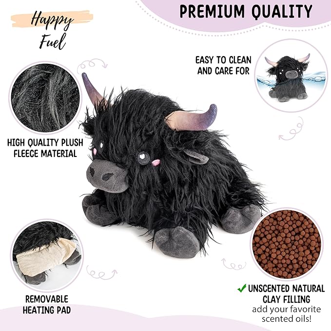 Happy Fuel Highland Cow Microwavable 1.5lbs Unscented Heating Pad for Women & Kids- Cute Soft Cozy Pillow Plush Heatable Warm Stuffed Animals- Kawaii Hot & Cold Plushie Toy- Cow Gifts for Girls & Boys