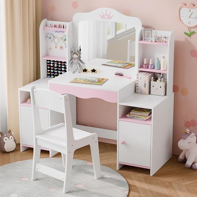 Kids Vanity, Girl Vanity Set with Storage Cabinet & Open Shelf, 2 In 1 Kids Vanity Table and Chair Set with Jewelry Storage, Princess Toddler Makeup Vanity with Mirror for Little Girls (White)