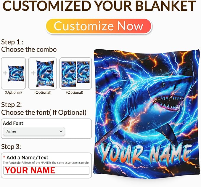 Personalized Blanket for Boys Men, Shark Throw Blankets Gift for Kids Adults Son Birthday 60x80 Inches Soft Cozy Custom Throw for Sofa Couch Bed Trip Office Car Cool Shark Decor Stuff