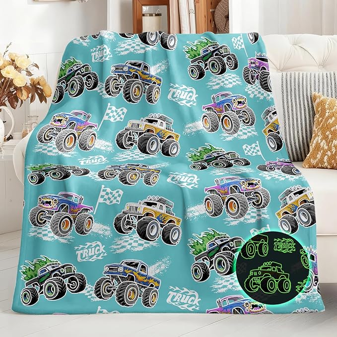 Jekeno Truck Glow in The Dark Blanket Gifts for Kids Girls Boys Teens Birthday Christmas Halloween Easter Excavator Construction Tractor Car Throw Age 1-16 Years Old Child Bedroom Decor Blue 50"x60"