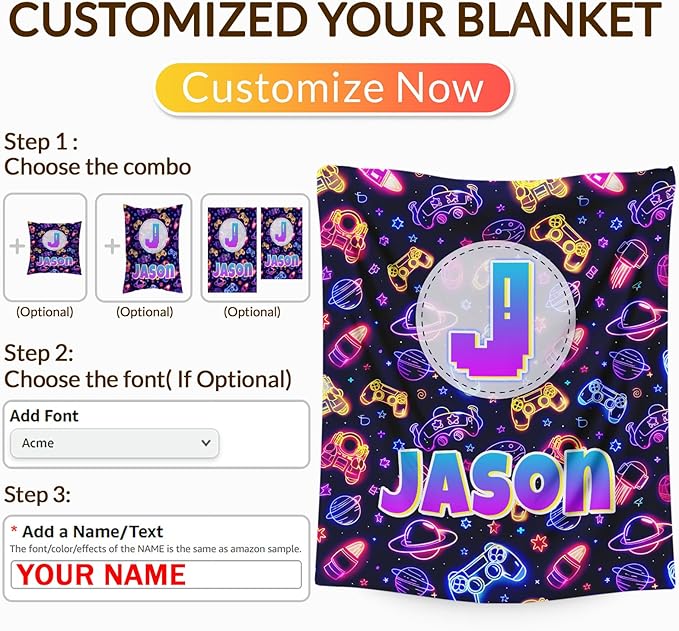 Game Gifts for Kids Toddler Teens, Personalized Throw Blanket with Name Initial Letter for Boys, Cute Custom Monogram Soft Fuzzy Blankets for Bed Couch Sofa Decor