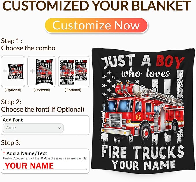 Personalized Boys Blanket Gifts with Name, Fire Trucks Throw Blankets for Kids Teens, 40x50 Inches Cute Throws for Sofa Couch Bed, Custom Gift for Truck Lovers