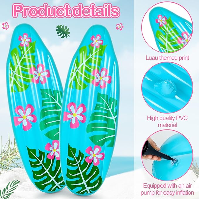 60 Inch Luau Inflatable Surfboard for Beach Inflatable Surf Board Luau Decoration Tropical Inflatable Pool Surfboard Float for Surf Hawaiian Theme Summer Sea Party