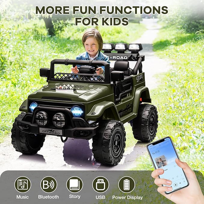 12V Kids Ride-On Truck with Parent Remote Control, Electric Toy Car with Spring Suspension, 3 Speed Modes & LED Lights, Battery Powered Vehicle for Boys Girls Ages 3-8, Green