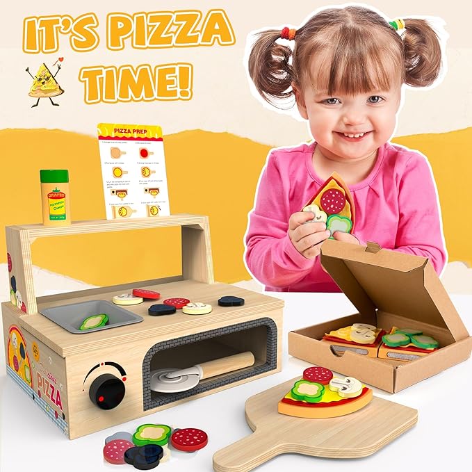 Wooden Pizza Toy - 48 PCS Montessori Pretend Play Food for Ages 3+, Educational Learning Toy Wooden Playset with Bake Oven, Christmas Birthday Gift for 3 4 5 6 Year Old