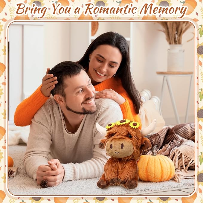 1 Pcs Fall Thanksgiving Highland Cows Stuffed Fall Brown Cute Sunflower Animal Stuff Fluffy Cattle Dolls Farm Plush Toy for Men and Women Autumn Party Gift Decoration