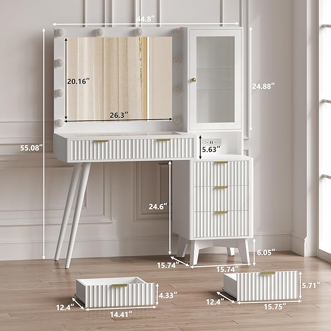 Makeup Vanity Desk with Mirror and Lights, 45" Fluted Wood Vanity Desk with Glass Top, 5 Drawers & RGB Glass Cabinet, Power Outlet, Mid Century Modern Dressing Table Set for Women Girls Bedroom