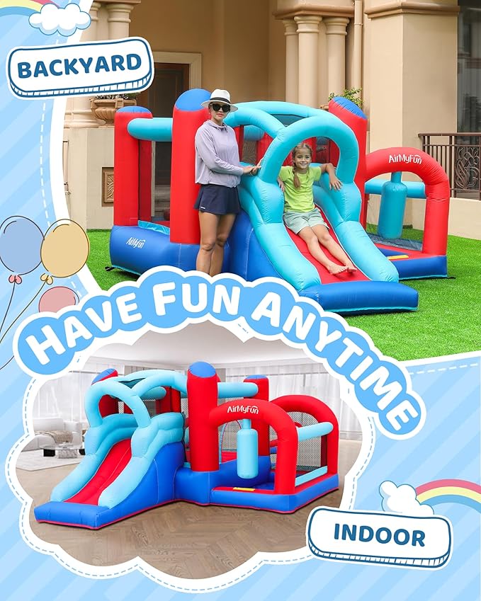 AirMyFun Inflatable Bounce House, Bouncy House with Slide,Indoor Outdoor Bounce House with Ball Pit,Basketball Hoop,Target Balls and Boxing,Inflatable Bouncer for Party