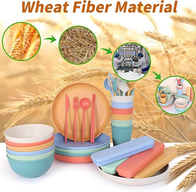 Wheat Straw Dinnerware Sets, Unbreakable Dinnerware Set for 6,Reusable Lightweight Tableware Dinner Dishes, Bowls, Cups, tableware, 24pcs Dinnerware Microwave & Dishwasher & Kids Safe