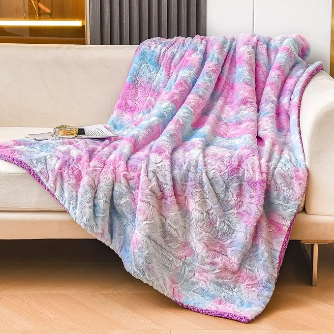 NEWCOSPLAY Super Soft Faux Fur Blanket Twin Size Purple Rainbow Sherpa Fuzzy Plush Warm Blanket for Sofa Bed (Purple Rainbow, Twin(60"x80"))