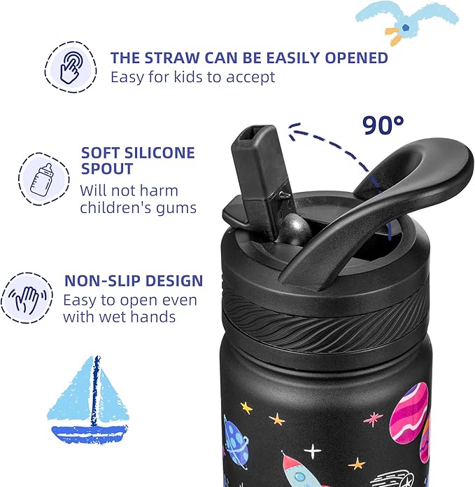 Fanhaw 14 Oz Kids Insulated Water Bottle with Straw - Stainless Steel Double Wall Vacuum Cup, Leakproof, BPA Free, Suitable for Boys and Girls(Black - Solar System)