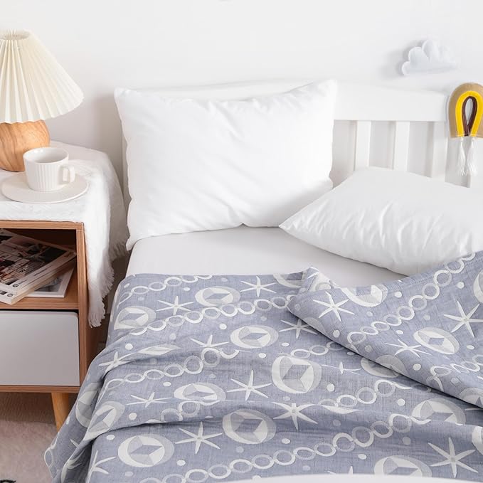 NTBAY 3 Layer Toddler Blanket, Muslin Cotton Jacquard Bed Blankets, Lightweight Thermal Baby Blanket, Super Soft and Warm Crib Blanket for All Seasons, Decoration Gift, 30"x40", Blue Starfish