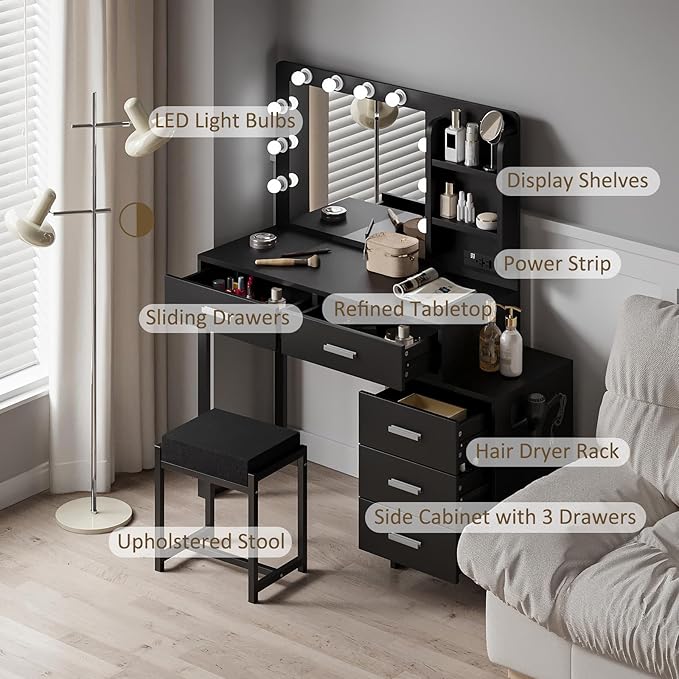 Makeup Vanity Desk with Power Outlet,Mirror and Lights,Makeup Vanity Table with 5 Storage Drawers and Chair Set,3 Color Modes Available