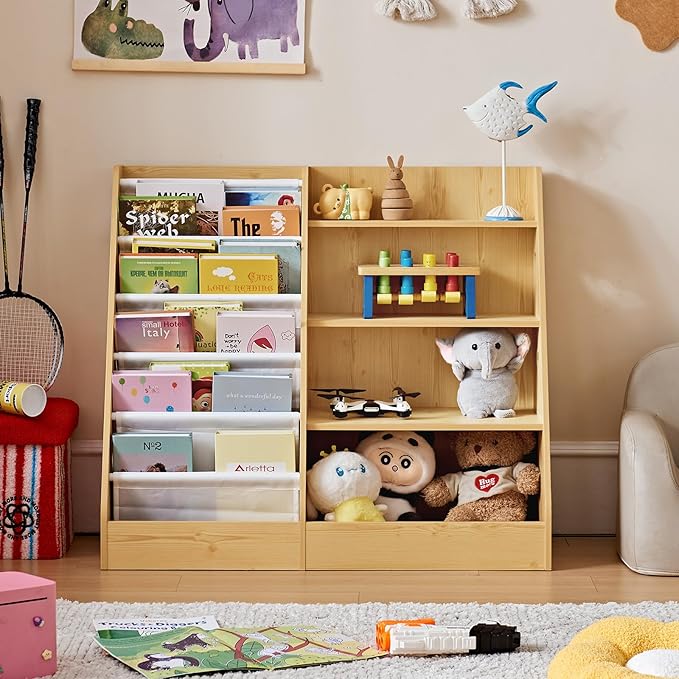 Lerliuo 4 Tier Kids Bookshelf and Storage Organizer, Five Layer Sling Children Bookcase, Baby Toddler Wooden Book Shelf, Display Cabinet for Playroom, Bedroom, Classroom, Nursery, School (Natural)
