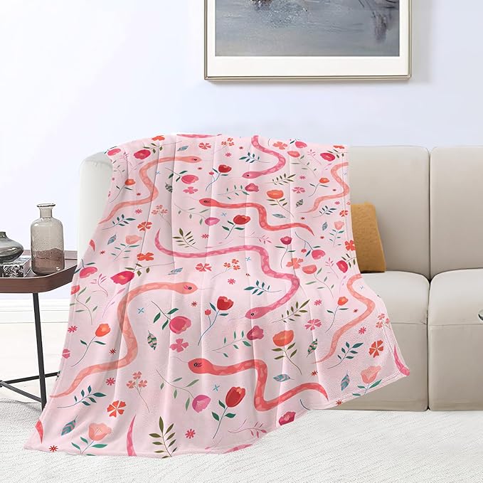 Cute Snake Reptile Blanket Ultra Soft Cozy Pink Flower Snake Throw Blanket Fleece Fuzzy Plush Bedding Blanket Real Snake Lovers Gifts for Women Girls Kids Adults Couch Sofa 60"x50"