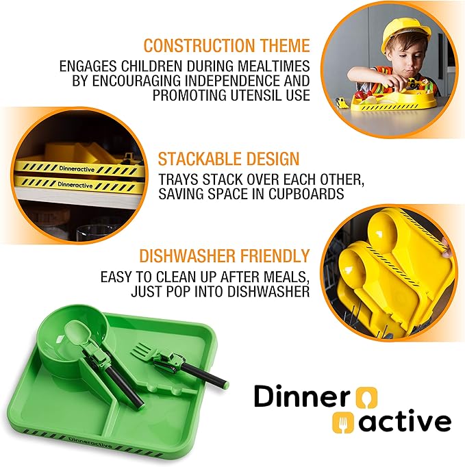 Dinneractive Dining Set For Kids - 3 PC Construction Themed Dinnerware - Tractor Utensils - Toddler Plates - Baby Dishes