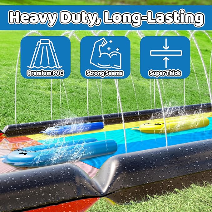 JAMBO XL 20Ft Premium 3 Lane Slip Splash and Slide with 3 Bodyboards, Heavy Duty Water Slide- Advanced 3-Way Water Sprinkler System, Backyard Waterslide Outdoor Water Toys n Slides for Kids Splash Pad