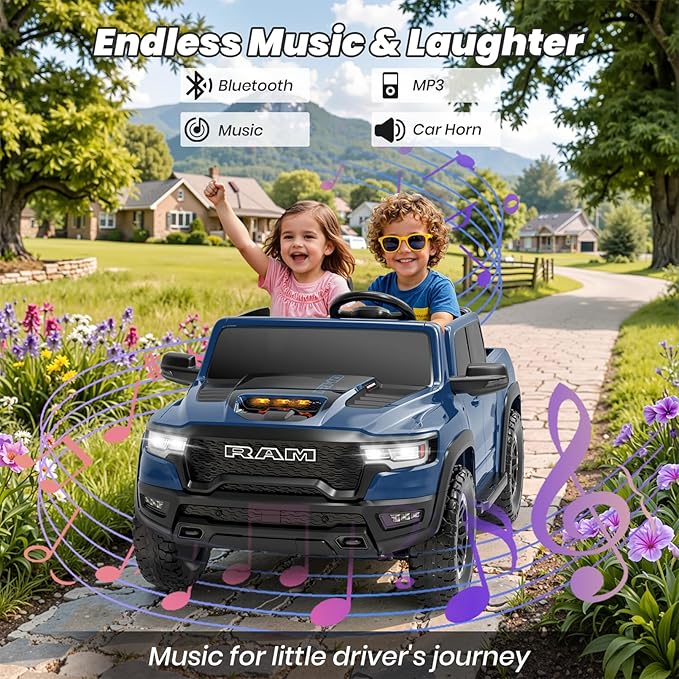 2 Seater Electric Car Licensed RAM 1500 RHO, 24V Kids Ride On Truck w/Remote Control, Toddler Ride on Car Toys w/LED Lights, Bluetooth, Music, Truck Bed Storage, Soft Start (Blue)