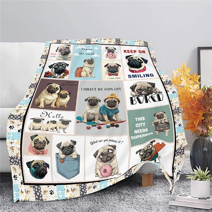 Pug Throw Blanket Pug Puppy Stuff Gifts for Dog Lover Kids Girls Boys Adults Women Men Soft Cozy Warm Plush Fluffy Fuzzy Fleece Blanket Decor 60''X80''