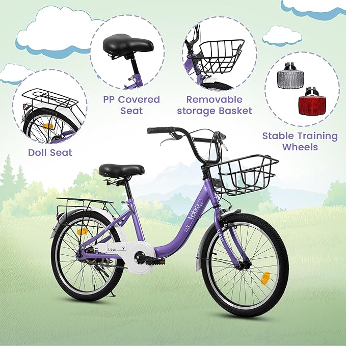20 Inch Kids Bike for Boys and Girls | Children's Bicycle with Coaster & V-Brake | 1-Speed Lightweight Steel Frame | 20" x 1.75" Tires | Ages 5-8 Years | Outdoor Balance Bike, Purple