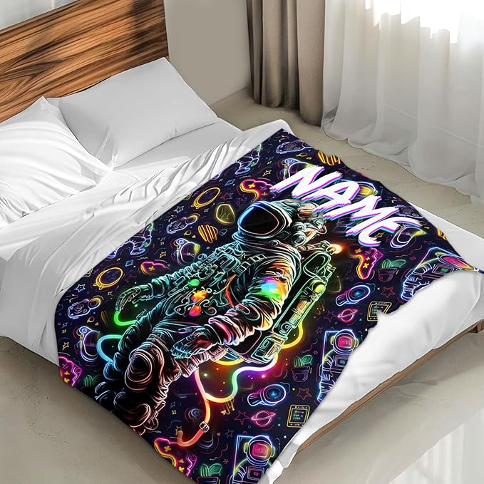 Kids Blanket for Boys Son Grandson Personalized Astronaut Blanket for Gift, Custom Cool Warm Cozy Throw for Living Room Bed Sofa Camping