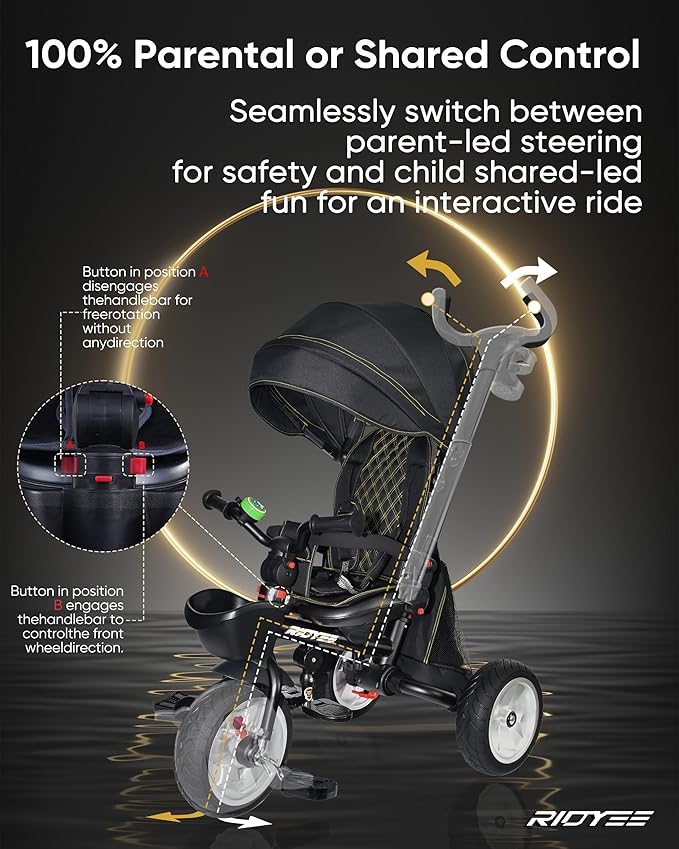 7-in-1 Folding Toddler Tricycle for 18 Months to 5 Years, Tricycle Stroller with Dual Brakes, All-Terrian Rubber Tire, Tricycle for Toddlers with Rotatable Seat, Adjustable Push Handle, Black