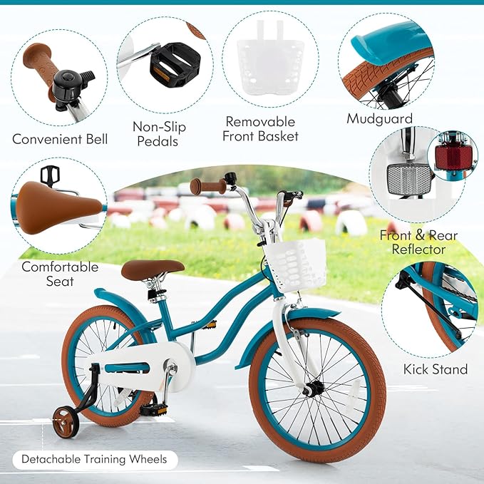 COSTWAY Kids Bike, 12 14 16 18 Inch Toddler Bike Children Bicycle w/Training Wheels, Hand & Coaster Brakes, Adjustable Saddle & Handlebar, Basket, Bell, Kids Bicycle for Girls Boys Aged 3-8 Years Old