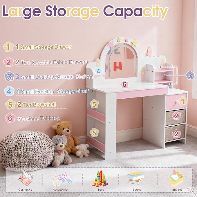 Kids Vanity Table and Chair Set with Lights, Toddler Makeup Vanity Desk with Open Bookshelf, Girls Vanity with Removable Drawers, Storage Shelves,Castle Star Pattern for Princess, White