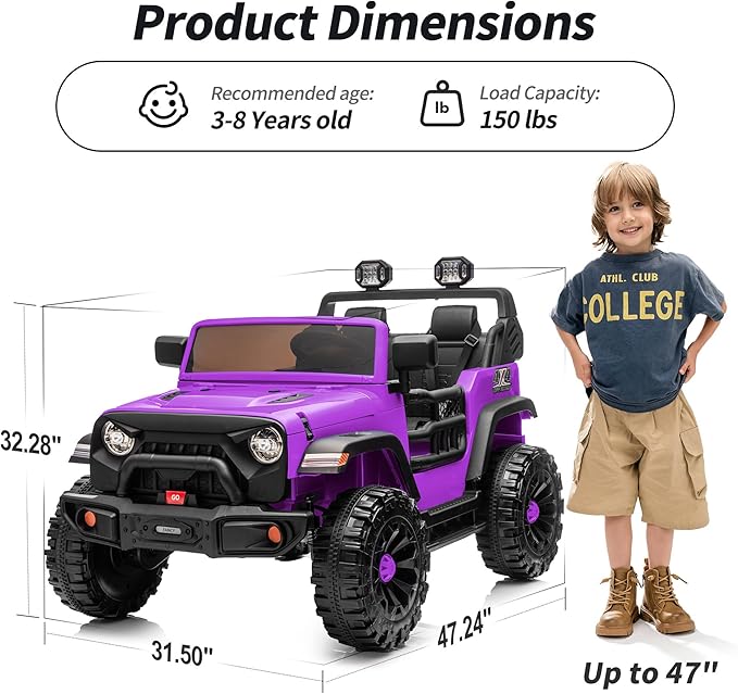 2 Seater Ride on Car Toy, 24V 4WD Electric Car for Kids 4-8 with Remote Control, 4x200W Motors, Capacity 150 lb - Purple