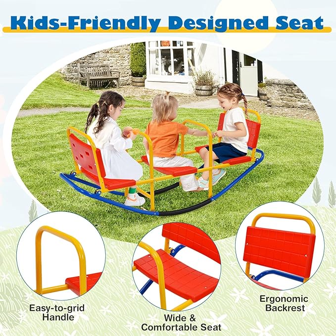 3-Person Teeter Totter Seesaw, Sit and Spin 360° Rotating Rocking Toy for Toddlers, Heavy Duty Metal Seesaw for Kids Outdoor, 3-Seater Backyard Playground Equipment for Ages 3-8 (Red)