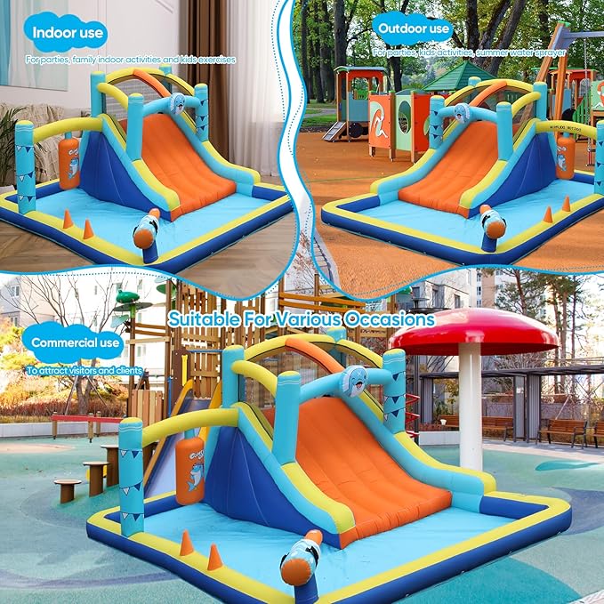 TABU Bounce House with Slide, Inflatable Castle with Splash Pool Water Cannons, Outdoor/Indoor Bouncy House with Air Blower, Ball Pit, Boxing, Climbing Wall, for Kids Aged 3-12(187.2x112x73.2IN)