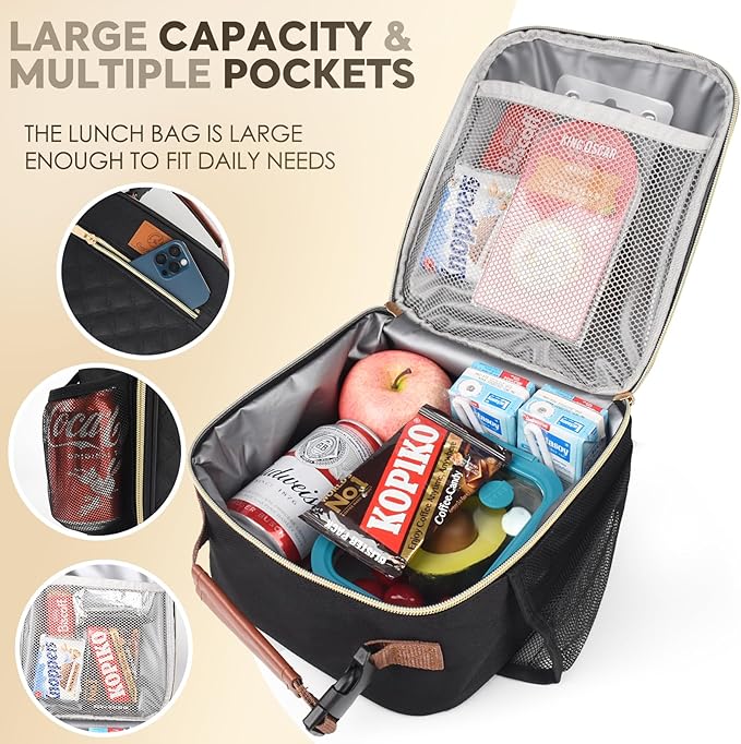 Genteen Lunch Box Reusable Lunch Bag for Men Women Kids Adults,Insulated Lunch Bag Waterproof Lunch Boxes Cooler,Small LunchBox With Side Pockets for Work Office School Travel Picnic-Black