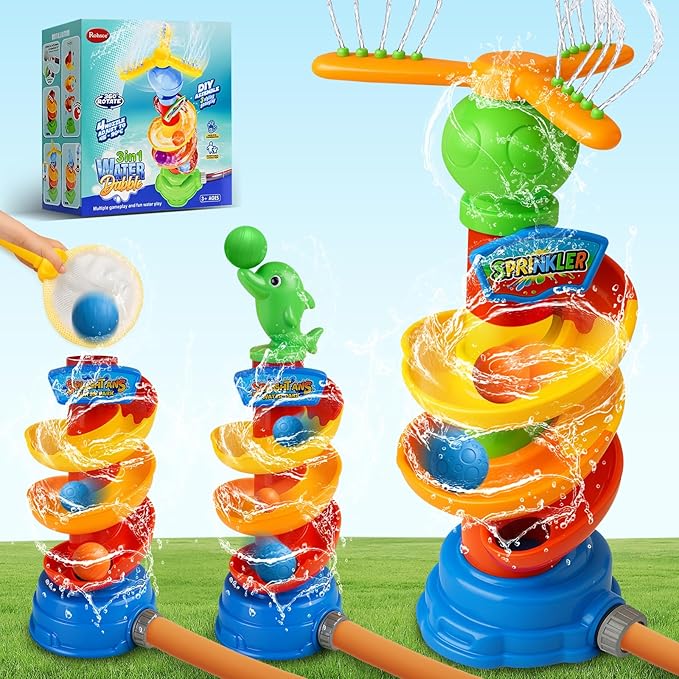 Water Sprinkler Toy for Kids Backyard Fun - 3-in-1 Summer Outdoor Water Toys with Rotating Spray & Catch Game, Splash Toys for Toddlers, Boys, Girls, Pets in Garden or Lawn Play
