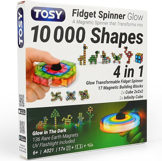 TOSY Magnet Fidget Spinner Glow - 16 Blocks, 3in1 Toy: Transformable Fidget Spinner, Infinity/Puzzle Cube, Glowing, Christmas Stocking Stuffers Gift for Kids/Adults, STEM Sensory Stress Relief