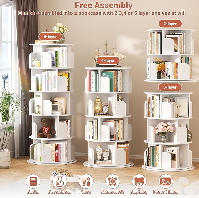 Rotating Bookshelf Tower, 5 Tier Spinning Bookcase, Revolving 360 Book Shelf Narrow Tall Bookcase, Vertical Turning Round Bookshelf Organizer, Wood Corner Book Shelf for Small Space, White