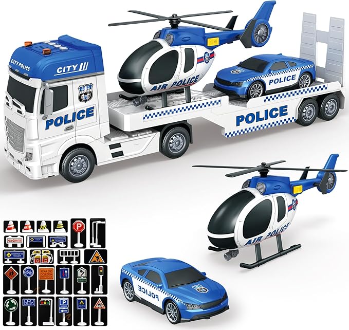 Large Police Car Toy for Kids Boys - 25'' Semi Truck Toy with Racing Car and Helicopter - Police Toys Birthday Gift for Kids Toddlers 3 4 5 6 Year Old, Play Vehicles with Light and Sound