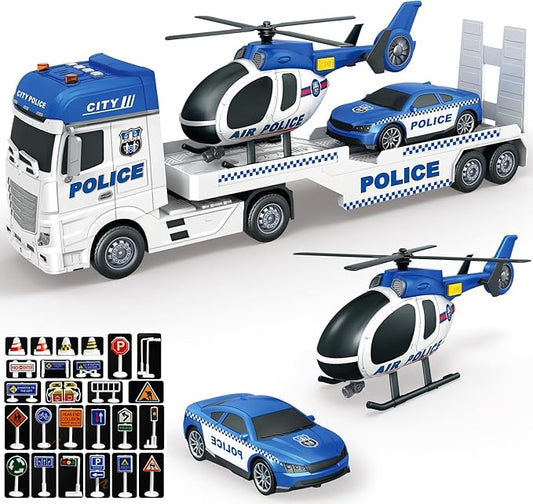 Large Police Car Toy for Kids Boys - 25'' Semi Truck Toy with Racing Car and Helicopter - Police Toys Birthday Gift for Kids Toddlers 3 4 5 6 Year Old, Play Vehicles with Light and Sound