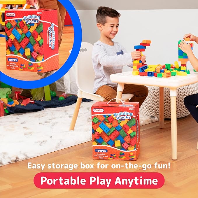 PREXTEX 150-Piece Building Blocks Set for Kids - 5-Color Building Bricks for Toddler Development, Creativity, and Motor Skills - Toys for Boys and Girls - Compatible with Major Brands