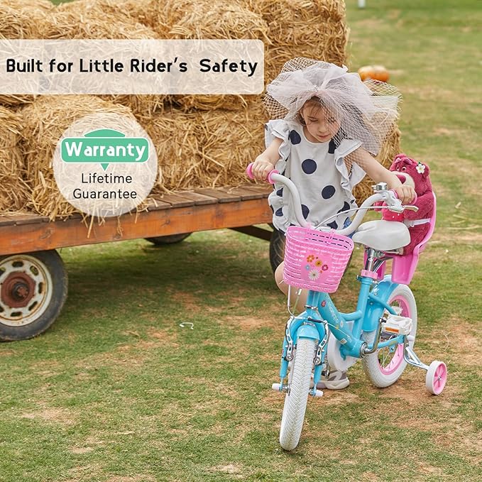 Glerc Maggie Girls Bike, 12-20 Inch Kids Bike for 2-13 Years Old Children, Princess Style Kids Bicycle with Doll-Seat & Basket & Training Wheels, Multiple Colors