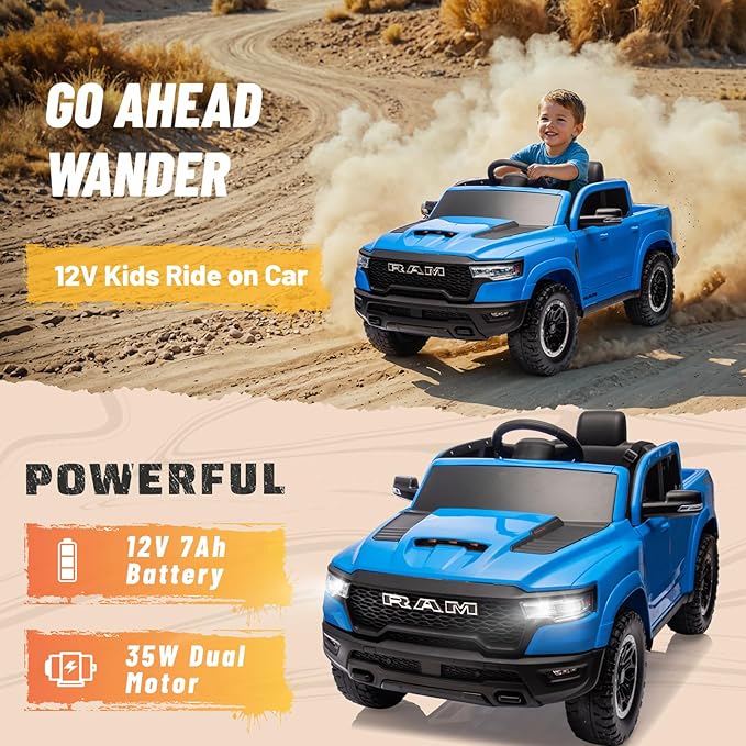 Ram 1500 RHO Ride on Car for Kids,12V Electric Truck Car with Remote,Kids Ride on Toy Car with Raised Windows,Safety Belt,Bluetooth,Music for Age 3-8 (Blue)
