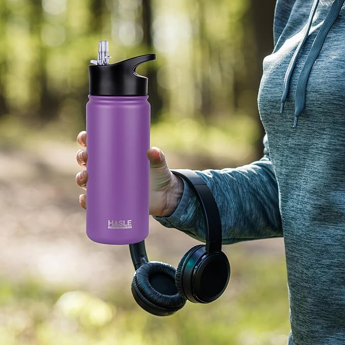 HASLE OUTFITTERS Insulated Water Bottle Kids 16 oz Double Wall Vacuum Stainless Steel Water Bottle Leak Proof for School Wide Mouth with Straw Lid & Spout Lid Keeps Cold and Hot(Purple,4pack)