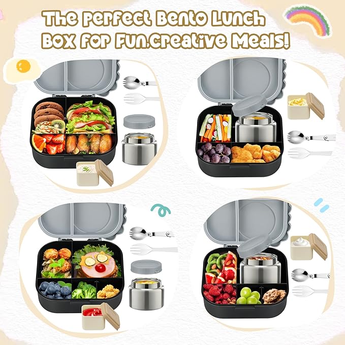 Dinosaur Lunch Box for Kids with Secret Compartment | 4 Compartments Bento Box + 12oz Insulated Food Jar | Leak-Proof Sauce Cup & Collapsible Spoon | BPA-Free, Dishwasher Safe(Grey-01)